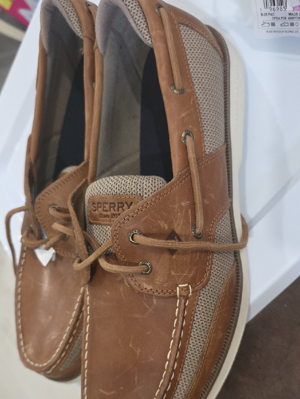 Sperry Men’s Tan Brown Leather & Beige Canvas Boat Shoes
